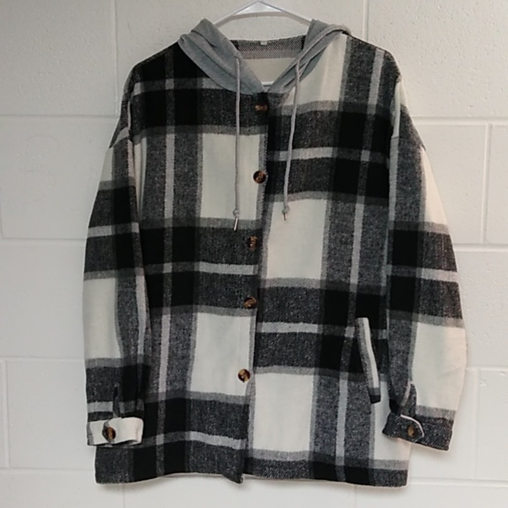 Plaid Hooded Button-Up Jacket - Black & White